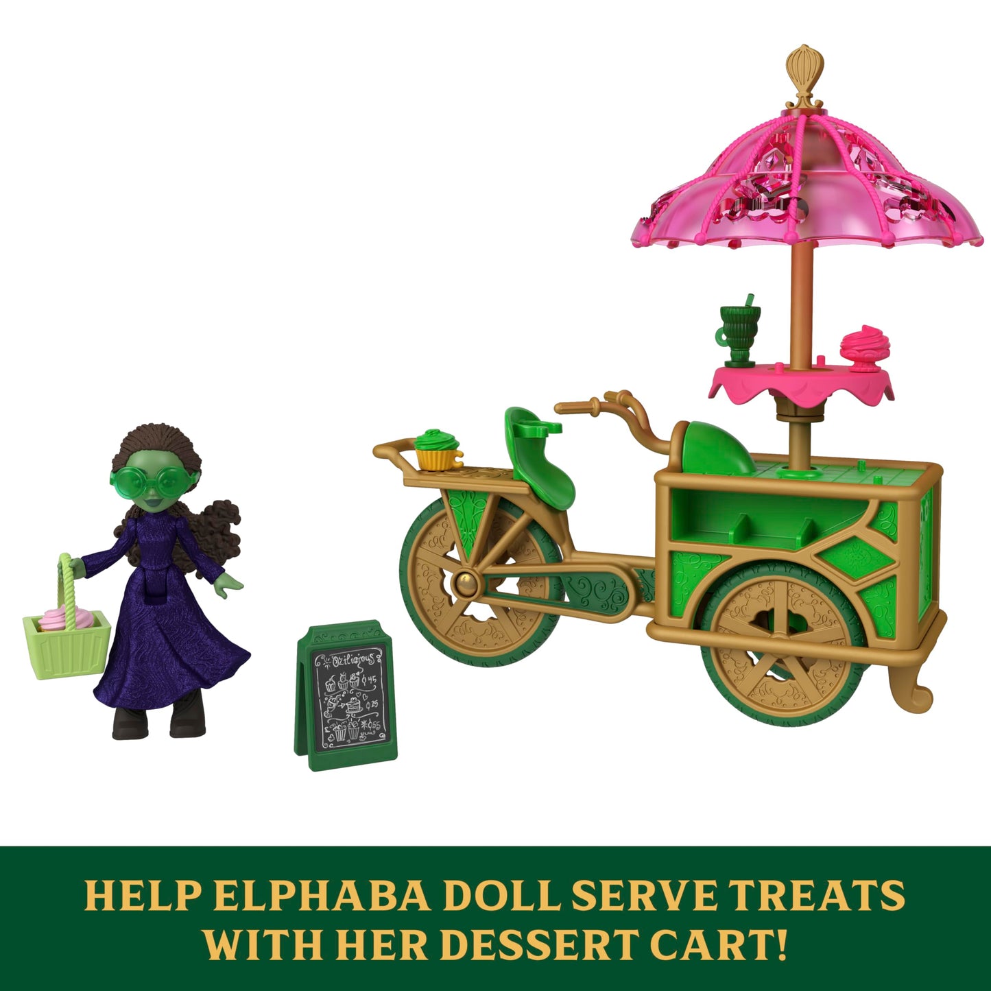 Mattel Universal Pictures’ Wicked Emerald City Dessert Cart Toy with Cart & Elphaba Small Doll & 7 Accessories, Inspired by The Movie
