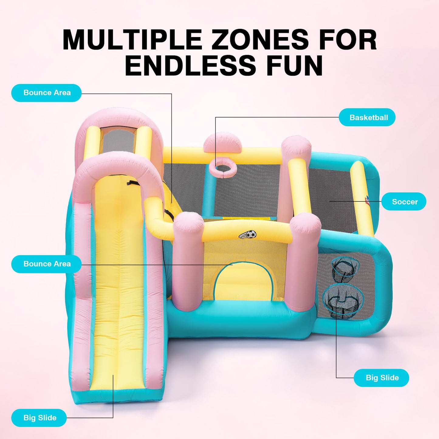 Inflatable Bounce House with Air Blower for Kids, 6 in 1 Jump Bounce House with Slide,Inflatable Jump House with Climbing Wall, Soccer Goal