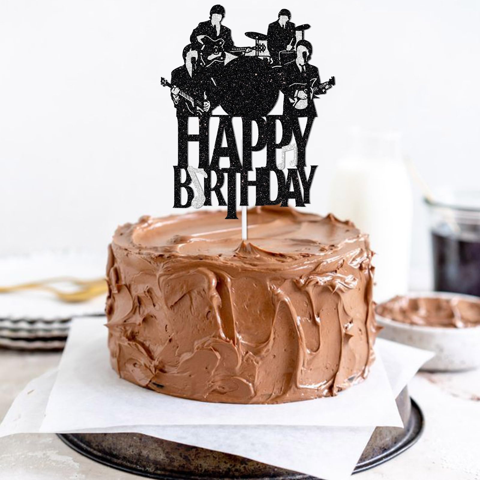 Happy Birthday Cake Topper Music rock pop Theme Black Glitter Decor Picks for Beatlemania Party Decorations Supplies