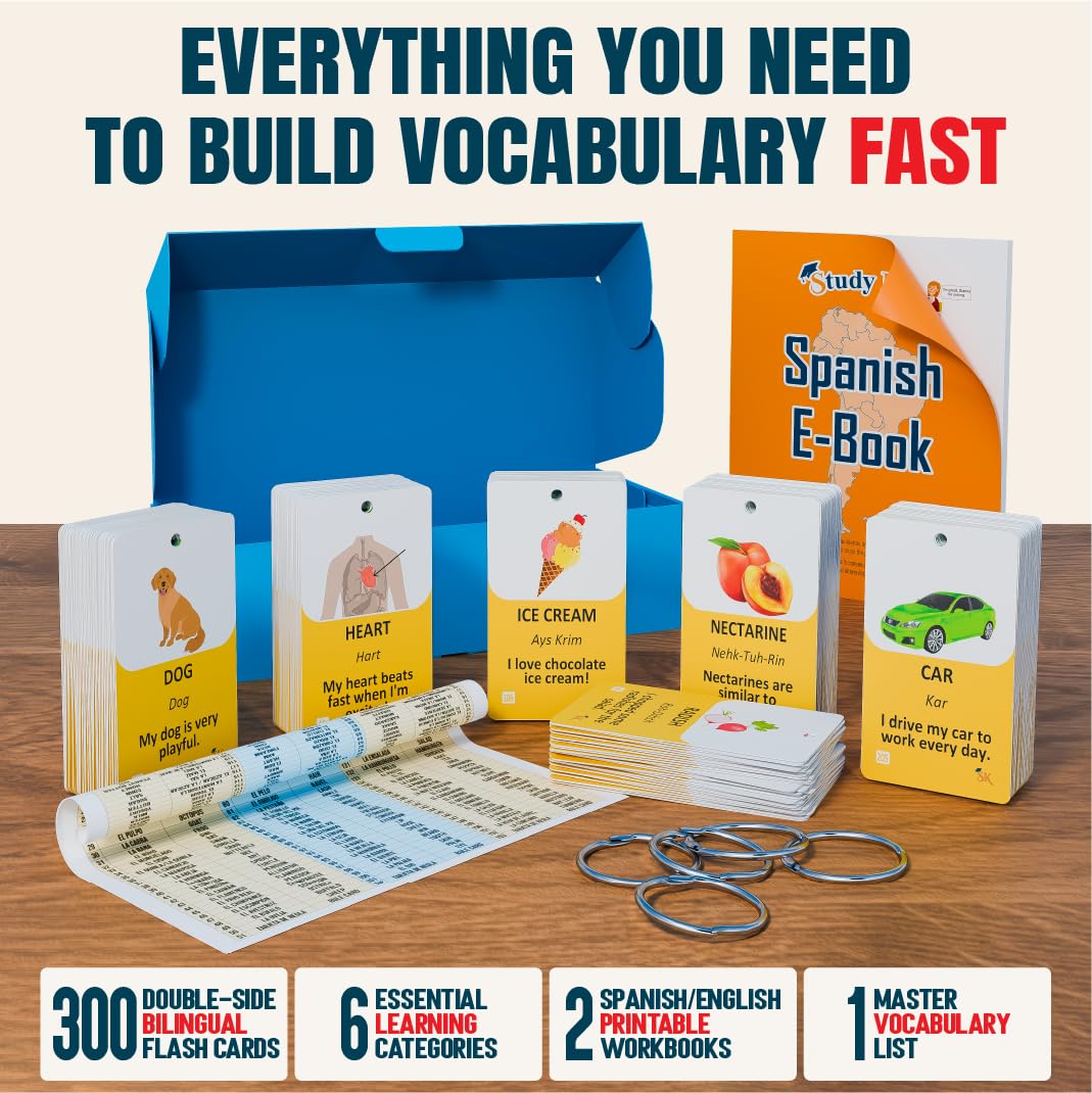 300 Bilingual English Spanish Flash Cards for Adults & Kids Ages 12+ Beginners - Noun Vocabulary with Pictures, Pronunciation, Sentences, Adult Self