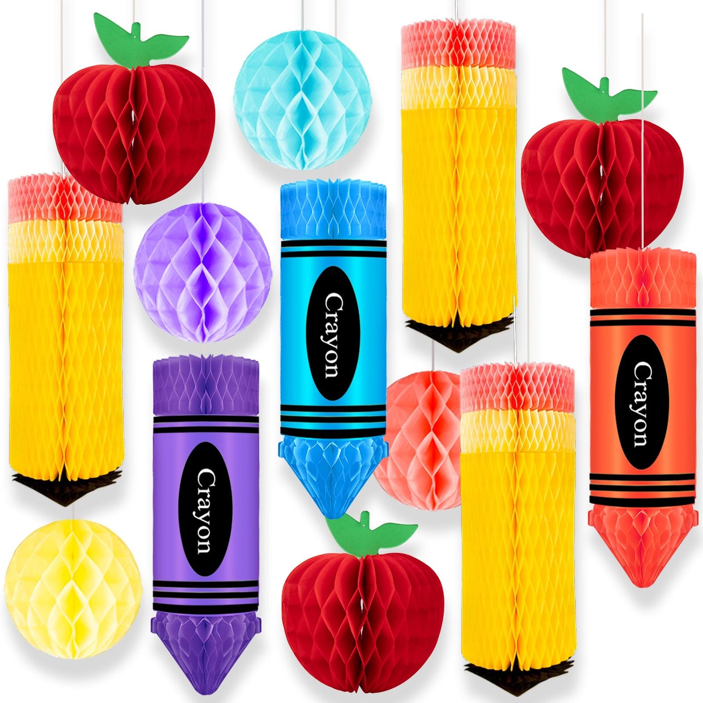 13 Pcs Crayon Apple-Shaped Hanging Honeycomb Balls Honeycomb Pencil Paper Ball Decorations Welcome Back to School Classroom Decorations First Day
