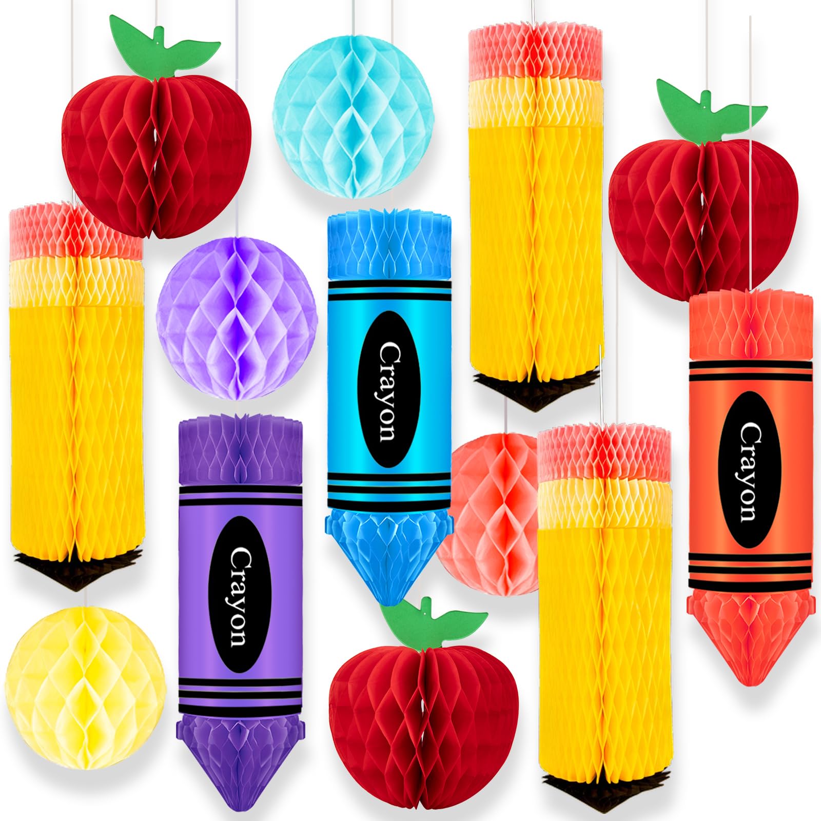 13 Pcs Crayon Apple-Shaped Hanging Honeycomb Balls Honeycomb Pencil Paper Ball Decorations Welcome Back to School Classroom Decorations First Day