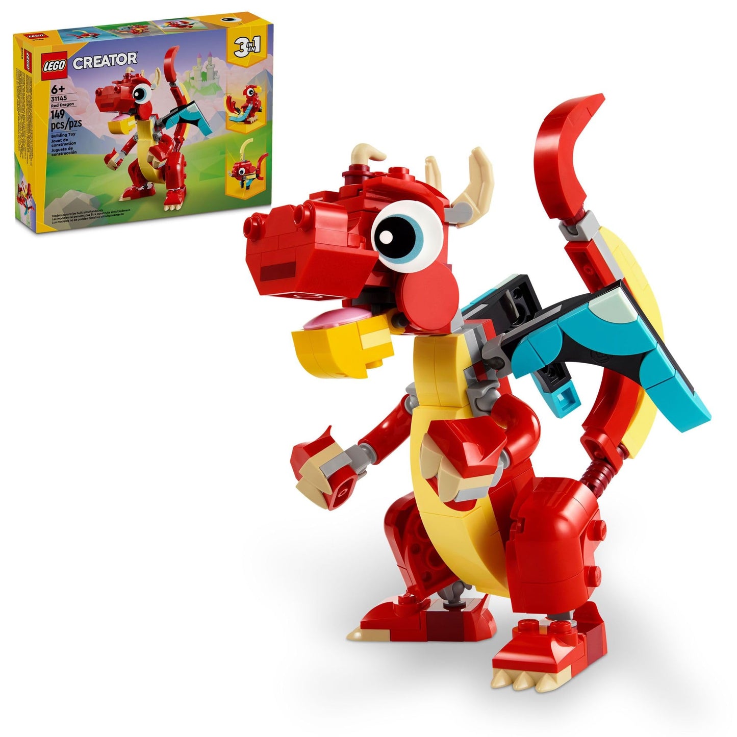LEGO Creator 3 in 1 Red Dragon Toy, Transforms from Dragon to Fish to Phoenix, Gift Idea for Boys and Girls Ages 6 and Up, Animal Toy Set for Kids