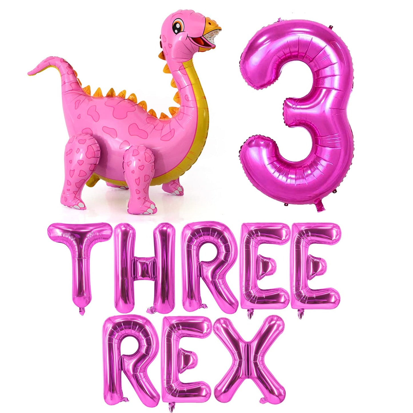 Baby Girl Hot Pink Dinosaur Themed Balloons Three Rex Birthday 4D Dino balloon Party Decorations Dinosaur 3rd Birthday Balloons Party Supplies
