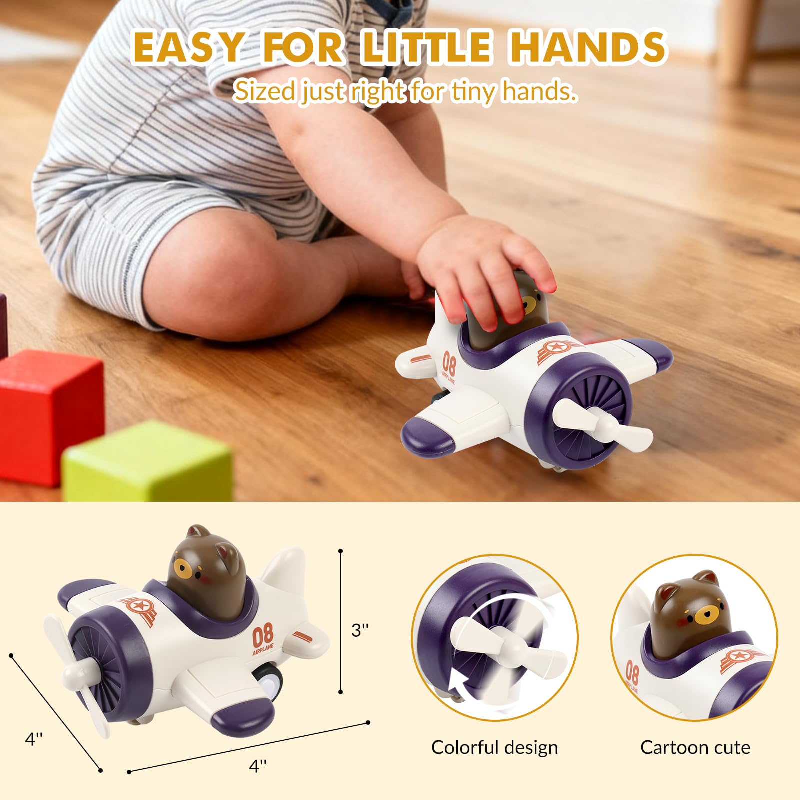 Airplane Toy Cars for Toddlers 1-3 - 4 Pack Press and Go Baby Car Toys, Push Airplanes with Rotating Propellers & Animal Drivers, Safe ABS Friction