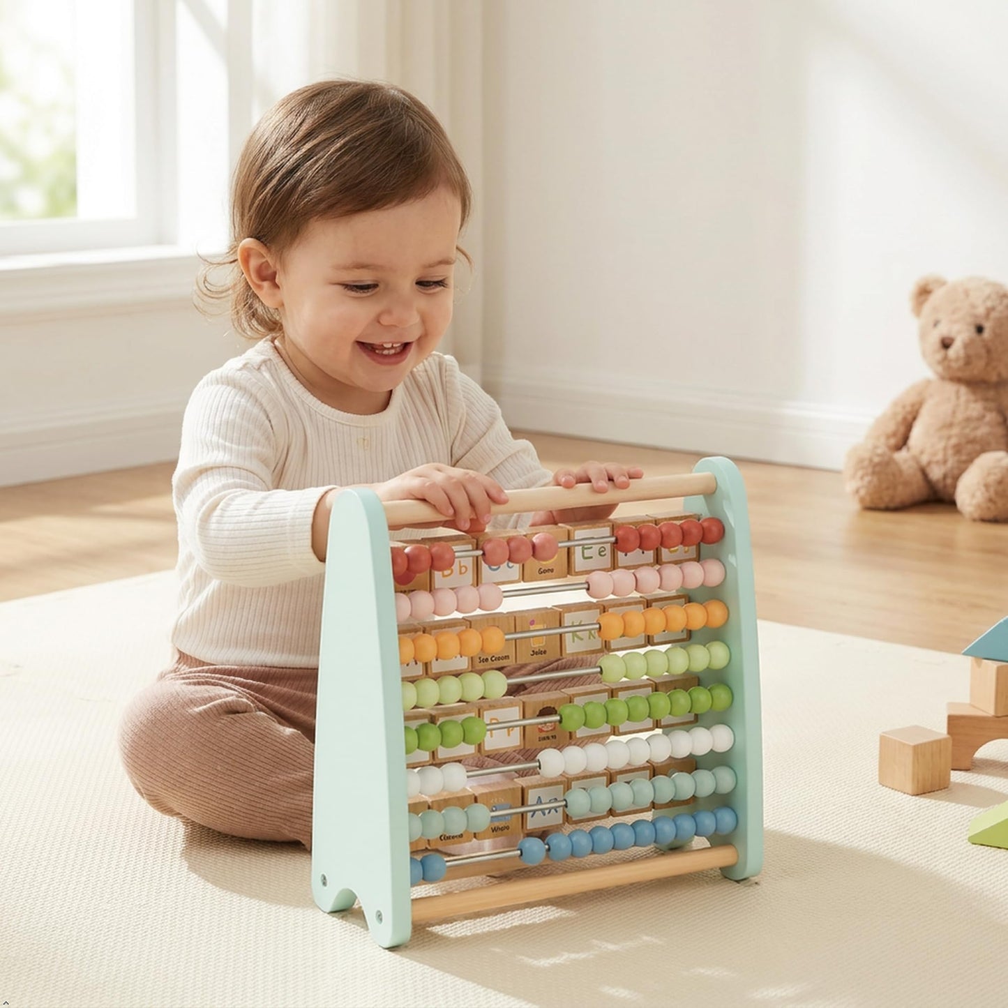 Miss OT Wooden Abacus for Kids Math - Counting and ABC Alphabet Learning Toy for 3 4 5 Year Old, Montessori Toys Ages 2-5, Toddler Educational Toy, 80