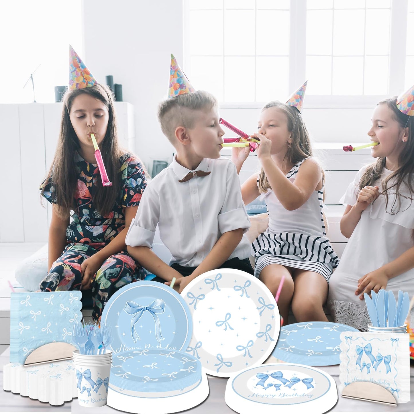 Blue Bow Party Supplies Serve 25,Coquette Birthday Decorations Blue Bow Plates and Napkins for Girls Women,Bridal Engagement Party Decor