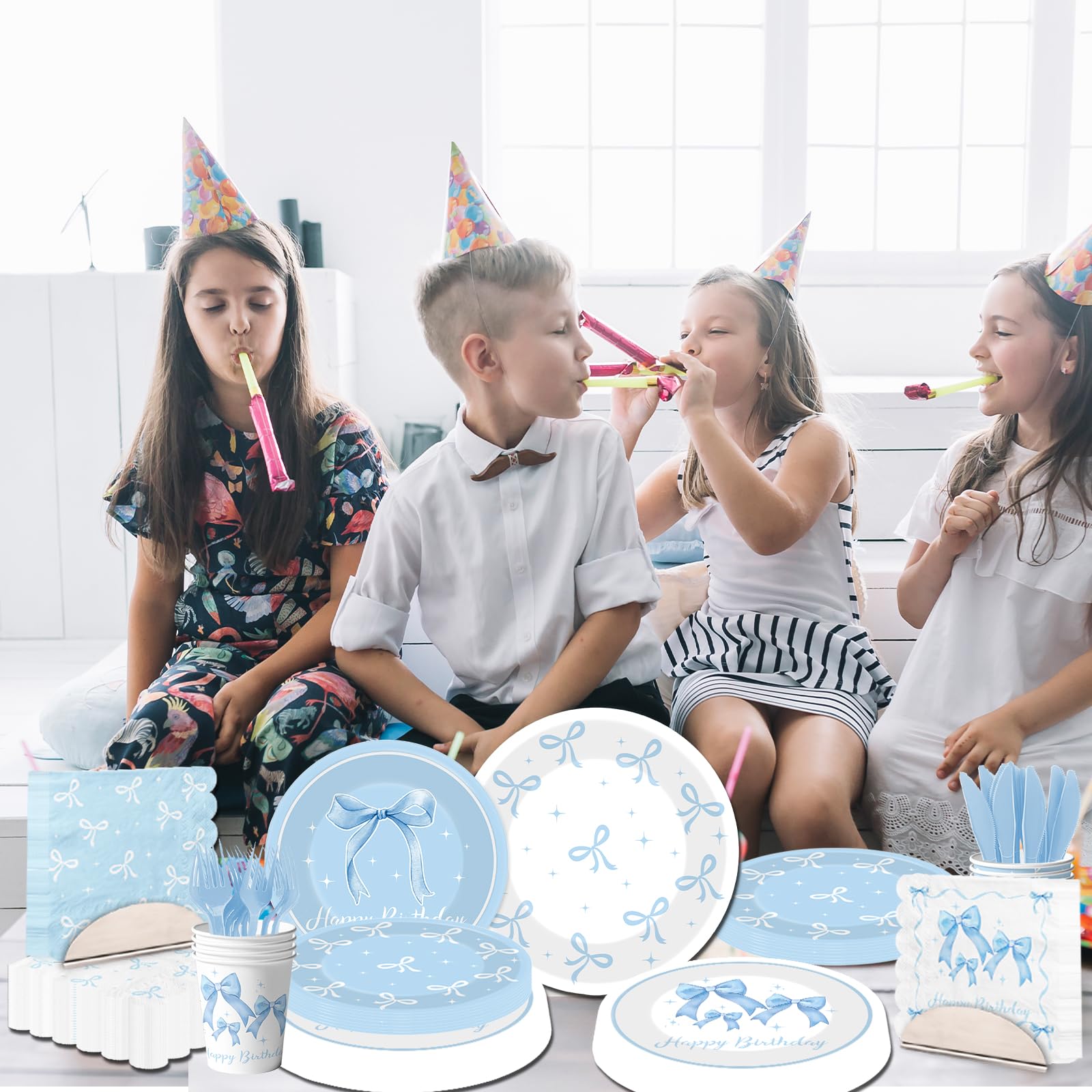 Blue Bow Party Supplies Serve 25,Coquette Birthday Decorations Blue Bow Plates and Napkins for Girls Women,Bridal Engagement Party Decor