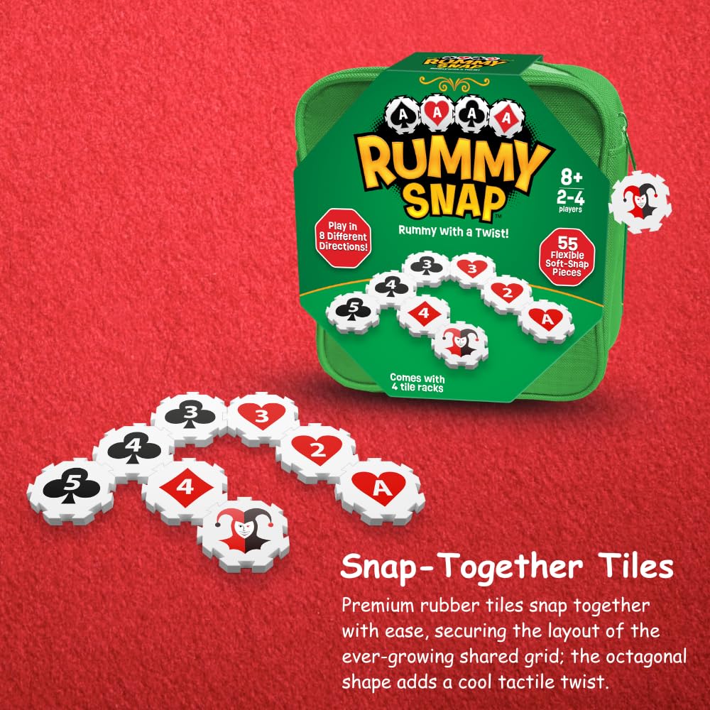 Rummy Strategy Game for Adults, Family, and Kids, Includes Full Size Snap Tiles, Racks, and Storage Travel Bag, Fun for Ages 8+, 2-4 Players