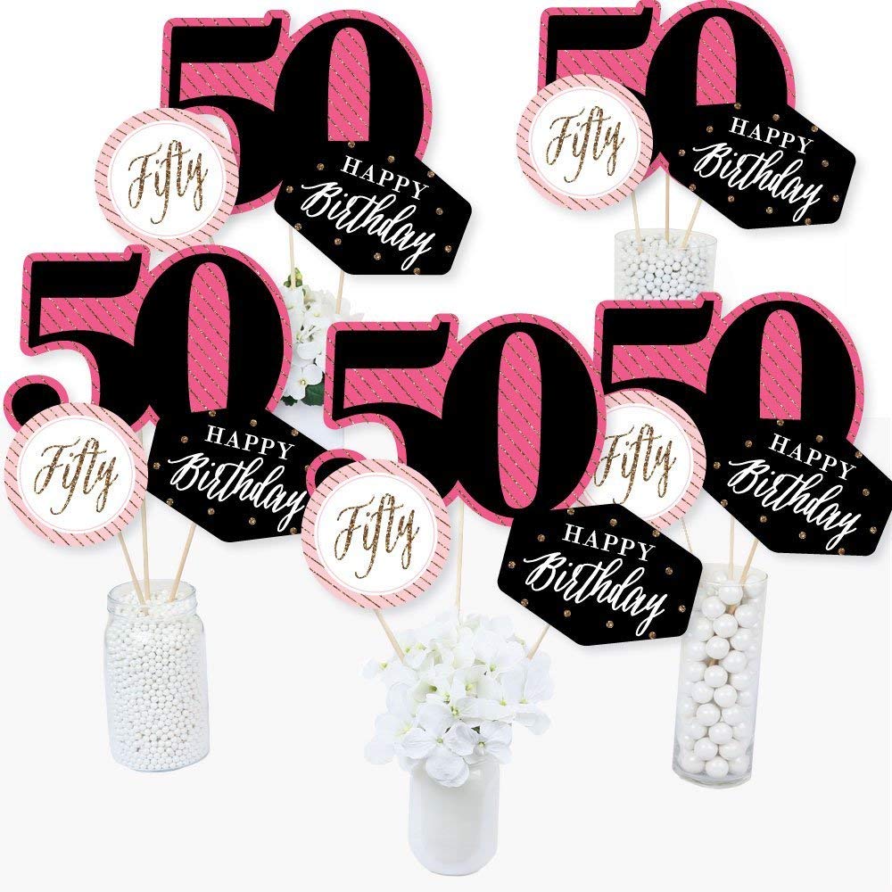 Big Dot of Happiness Chic 50th Birthday - Pink, Black and Gold - Birthday Party Centerpiece Sticks - Table Toppers - Set of 15