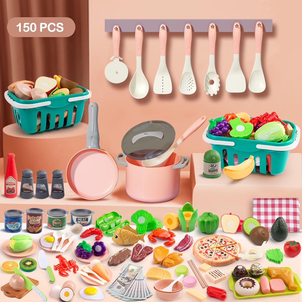 150Pcs Kitchen Playset, Toddlers Pretend Cooking Cookware Accessories, Food, Picnic Blanket, Fruits, Veges, 2Pack Shopping Storage Basket, Dessert