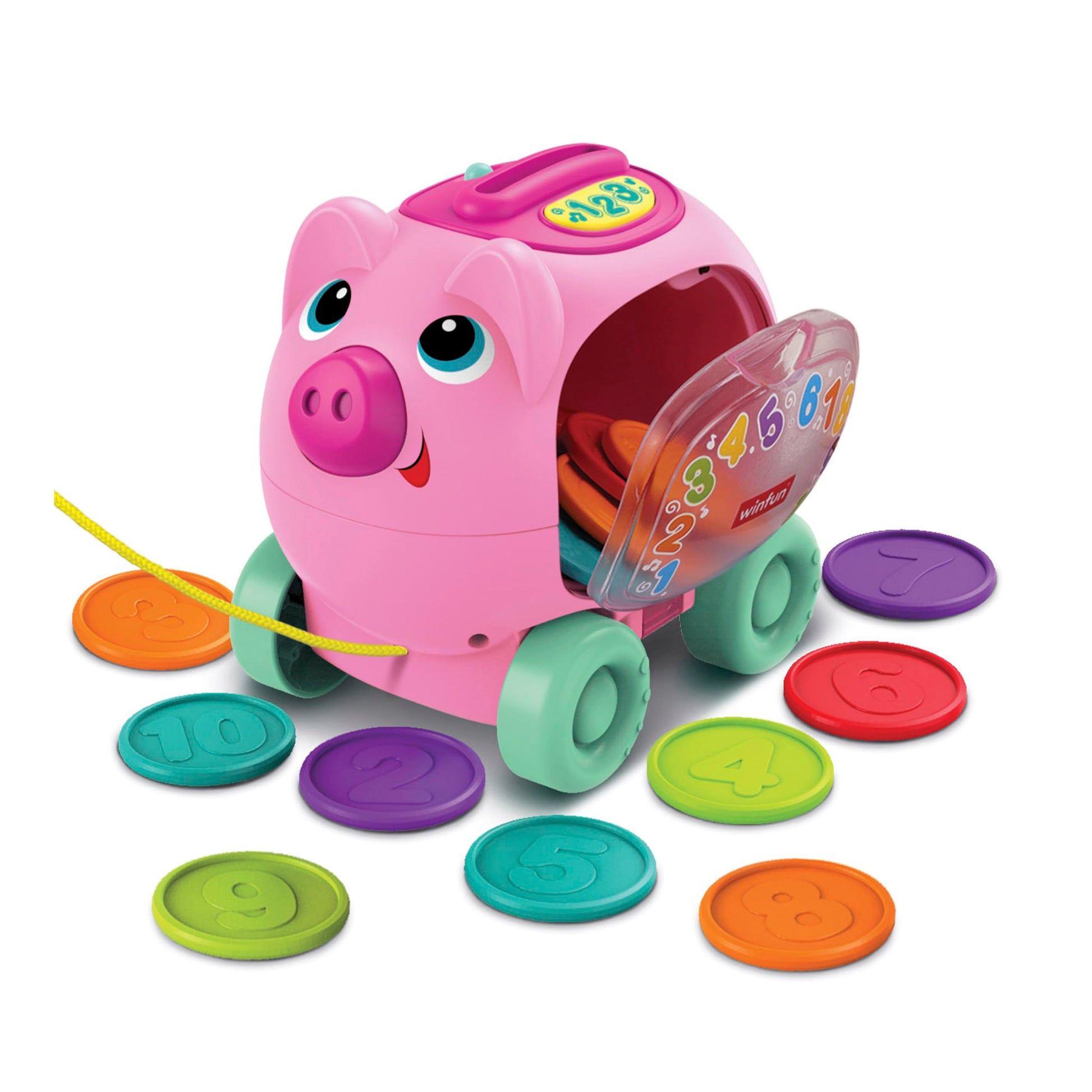 Winfun Pull-Along Pink Counting Piggy Bank - Bilingual English & Spanish Toy for Babies 6+ Months - Interactive Sounds, Lights, Phrases & Music