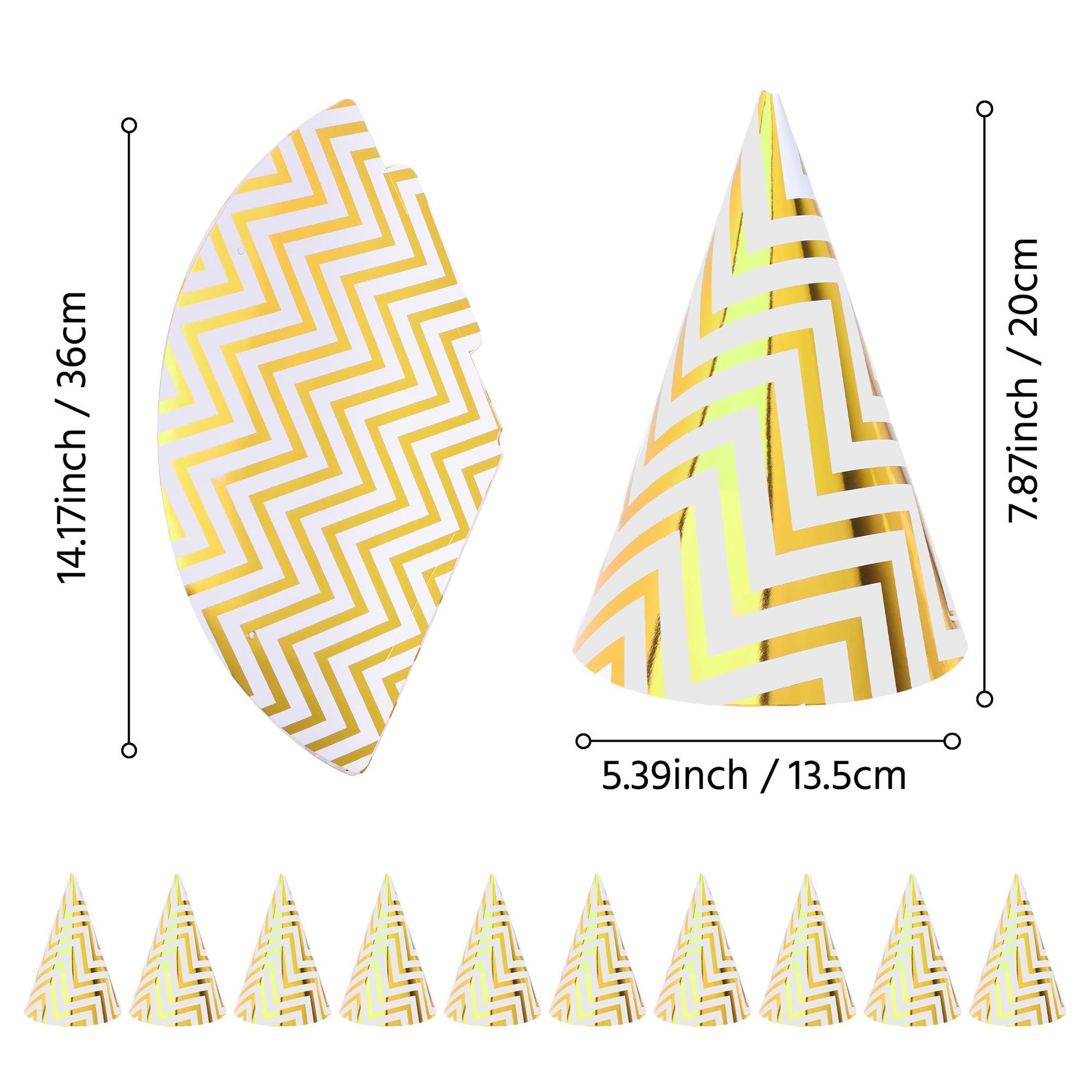 Boieo 10 Pack Gold Party Hats for Adults and Kids, Birthday Party Hats Bulk with Adjustable Elastic String, DIY Paper Cones 7.9 Inch, Metallic Foil