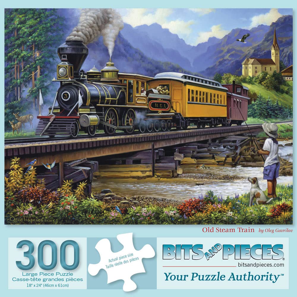 Bits and Pieces - 300 Piece Jigsaw Puzzle for Adults - Old Stream Train - Locamotive Track Rail Bridge Jigsaw Puzzle by Artist Oleg Gavrilov