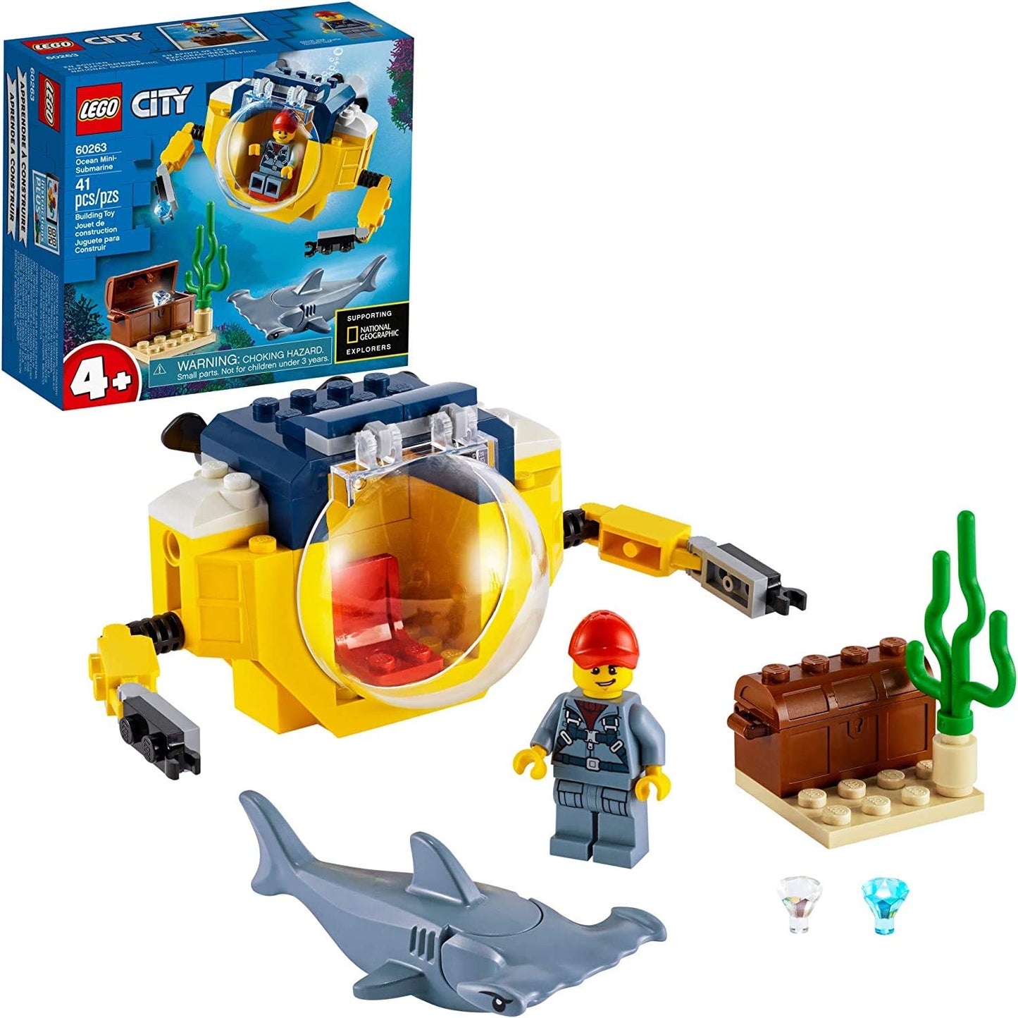 LEGO City Ocean Mini-Submarine 60263, Underwater Playset, Featuring a Toy Submarine, Pirate Treasure Chest, Hammerhead Shark Figure and a Pilot