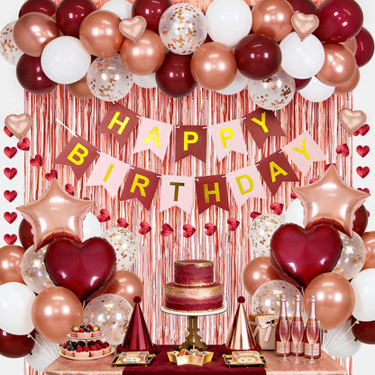 MSMANCY Burgundy Birthday Decorations for Women with Happy Bithday Banner, Curtains, Burgundy Heart Balloons for 16th 18th 21st 30th 40th 50th 60th