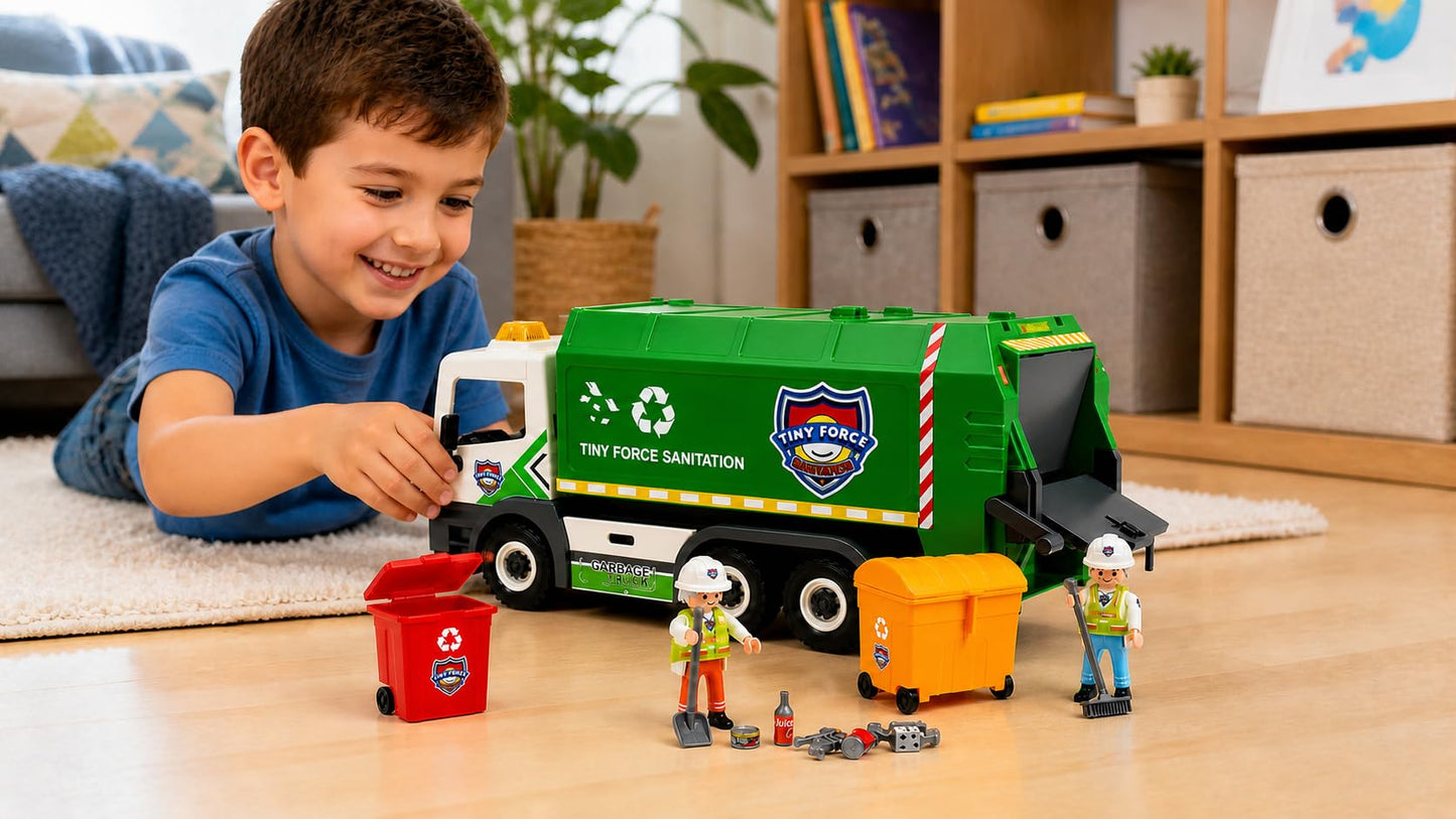 Tiny Force Garbage Truck Toy Set with 2 Action Figures, Dumpster, Trash Bin, Cleanup Accessories & Pretend Trash, Ages 4+