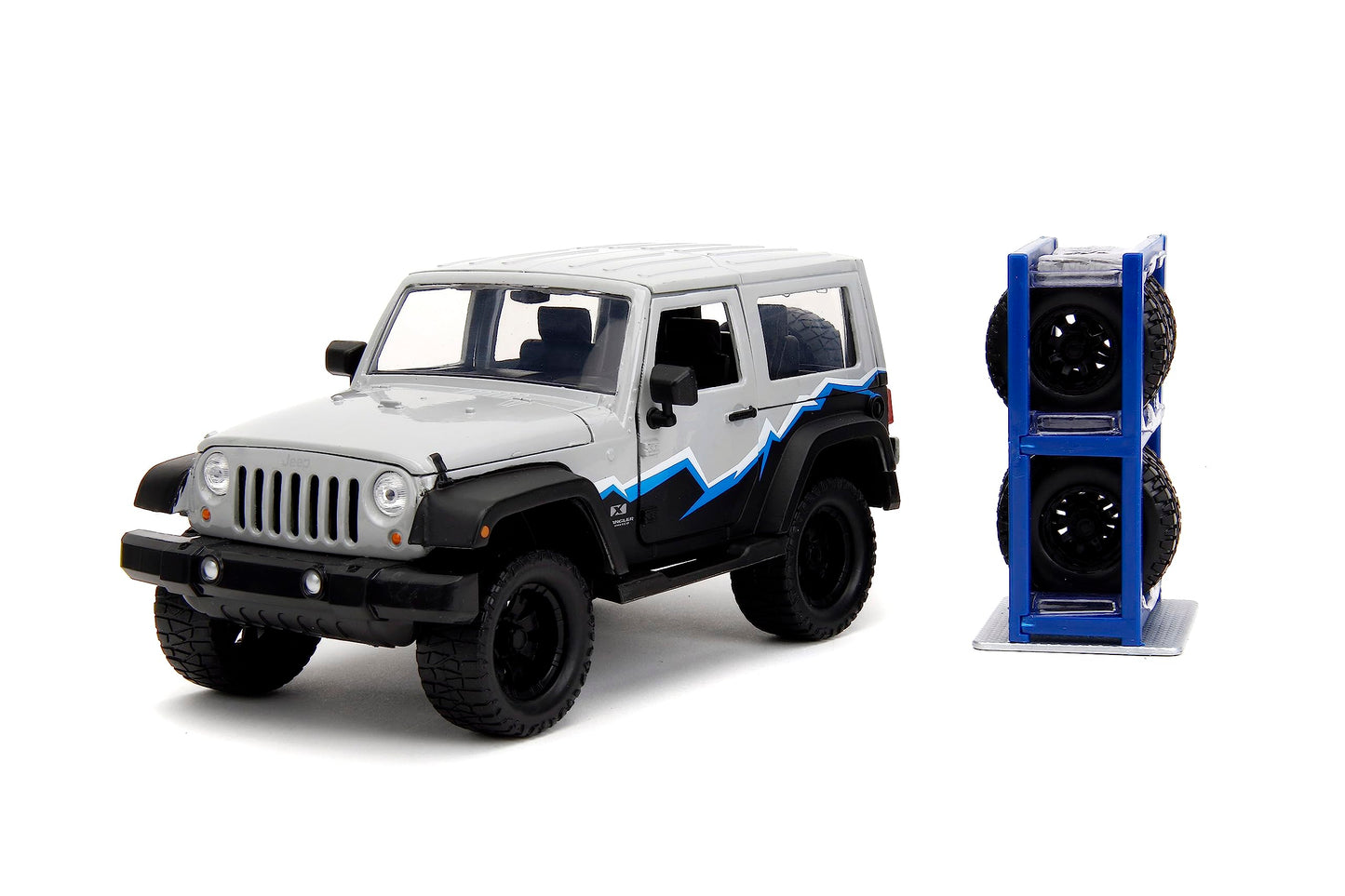 Jada Just Trucks 1:24 2007 Jeep Wrangler Die-Cast Truck w/Tire Rack, Toys for Kids and Adults(Grey/Primer Black)