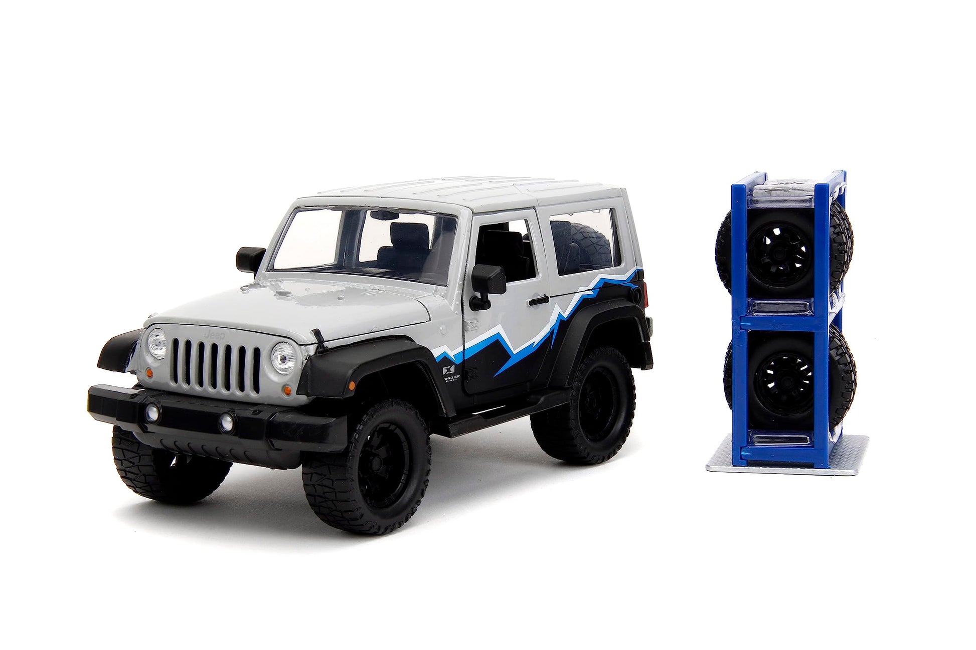 Jada Just Trucks 1:24 2007 Jeep Wrangler Die-Cast Truck w/Tire Rack, Toys for Kids and Adults(Grey/Primer Black)