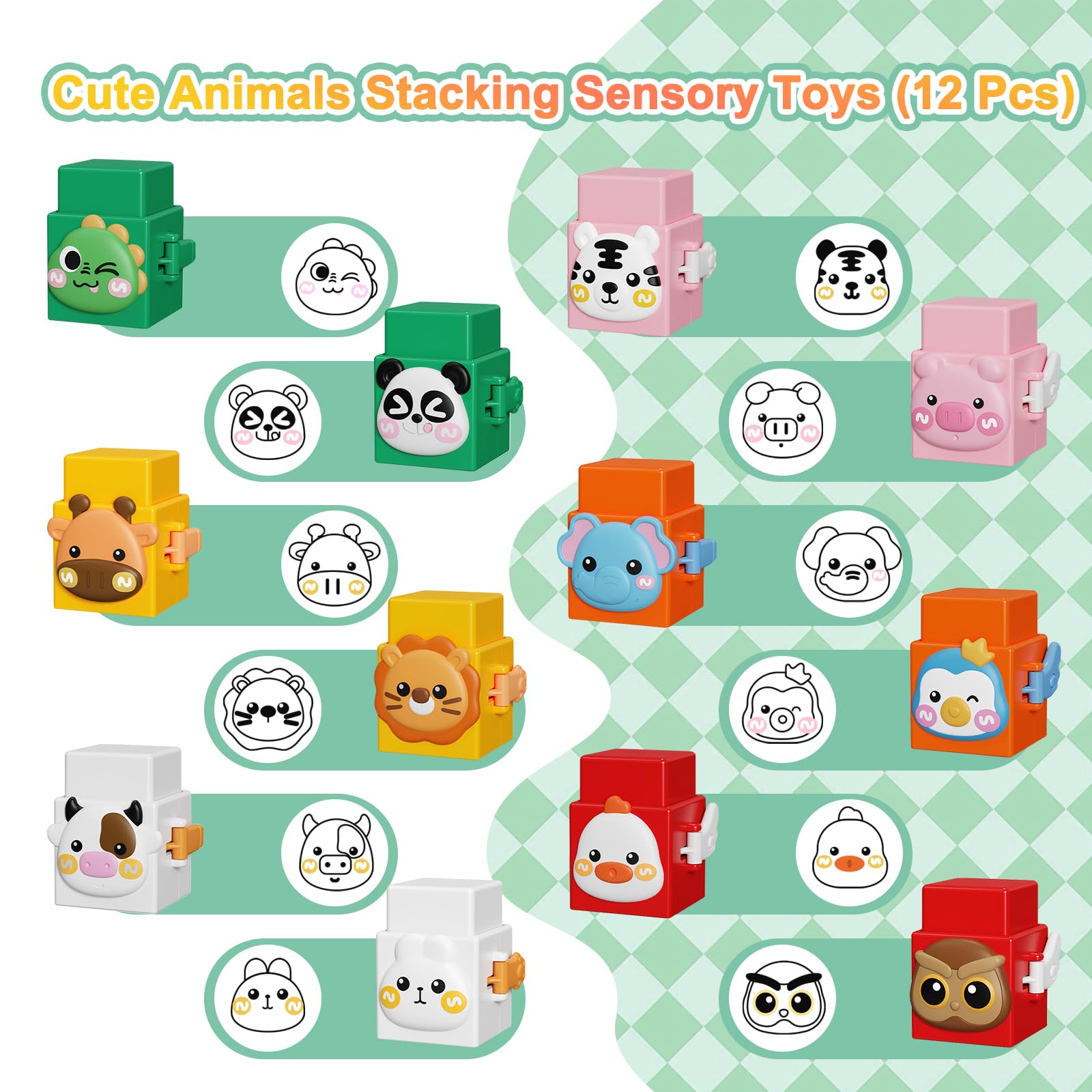 12 PCS Stacking Toys Set for Toddlers 18+ Months 1 2 3 4 Years Old Boys Girls Preschool Pressable Animals Stacking Blocks Sensory Toys with Cute