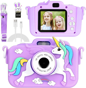 Unicorn Camera for Kids - Toddler Digital Selfie Camera with Silicone Cover, Flash and 32GB SD Card - Children Toy HD Video Kids Camera for Girls and