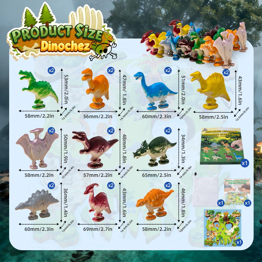 Dinochez Dinosaur Chess Game, 20Pcs Dinosaur Stones & Portable Storage Bag, Strategy Board Games for Family Games Night, Valentines, Easter, Stocking