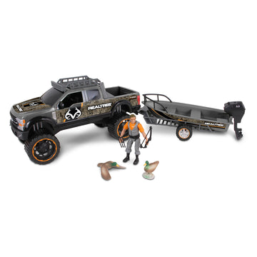 NKOK Realtree 1/18 Scale Free-Wheel Playsets 10-PC Set, RT Ford F-250 Super Duty Fishing Boat on Trailer & Accessories playset (Roof Rack, Hunter, 2