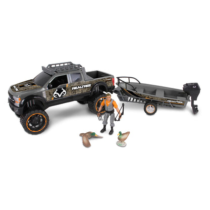 NKOK Realtree 1/18 Scale Free-Wheel Playsets 10-PC Set, RT Ford F-250 Super Duty Fishing Boat on Trailer & Accessories playset (Roof Rack, Hunter, 2