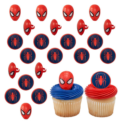 DecoPac Marvel's Spider-Man™ Spider and Mask Rings, Spider-Man Cupcake Decorations, Red and Blue Food Safe Cake Toppers - 24 Pack