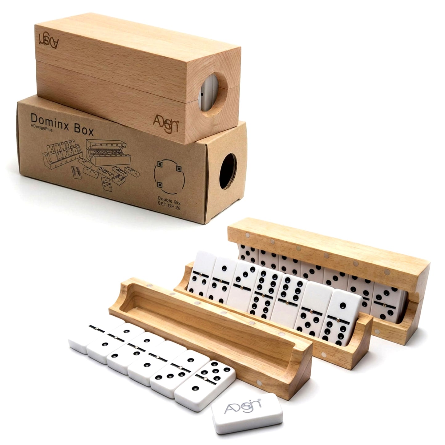 Unique Design | Dominos Set & 4 Wooden Racks/Trays | Double 6 Dominoes Portable Travel Set | Double Six Dominoes Set 4 Tiles Holders | 28 Tiles