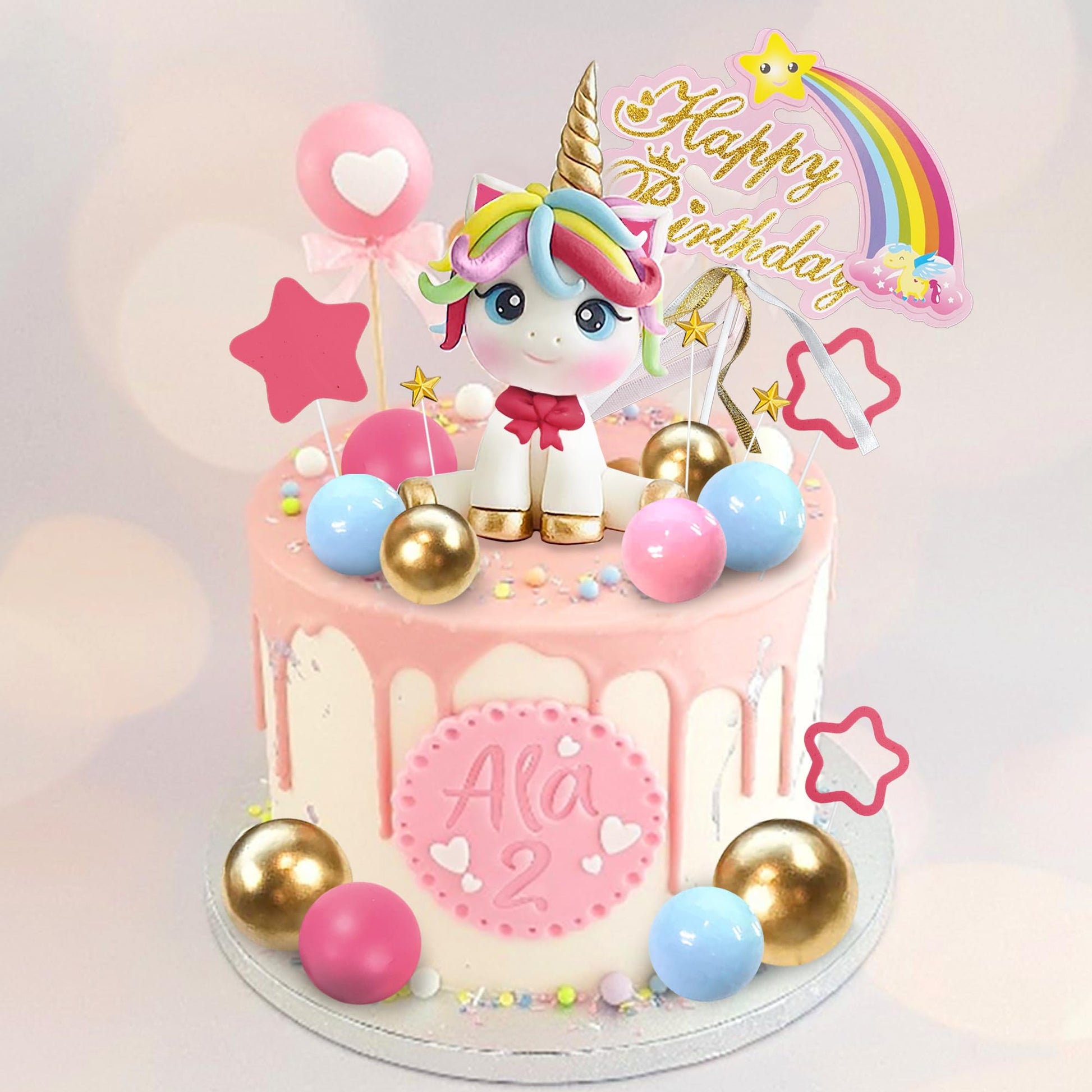 29 PCS Unicorn Cake Topper, Unicorn Rainbow Cake Decorations with Rainbow Stars Unicorn Balls Happy Birthday Cake Decorations for Boys Girls Kids