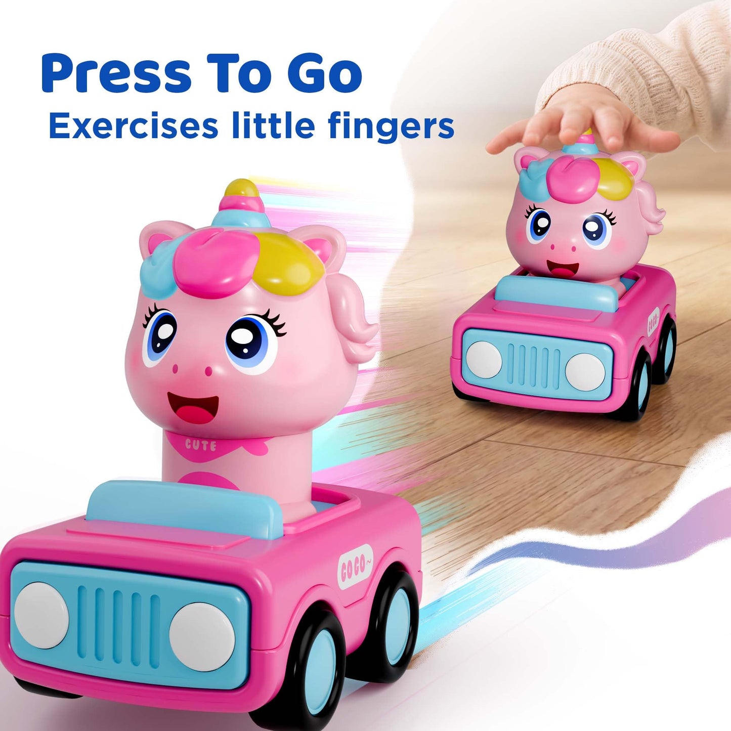 iPlay, iLearn Press to Go Unicorn Car Toys for Toddler 1-3, Baby Animal Racing Cars, Infant Girl Push Go Friction Toy, Kids Play Vehicle for 12 18 24