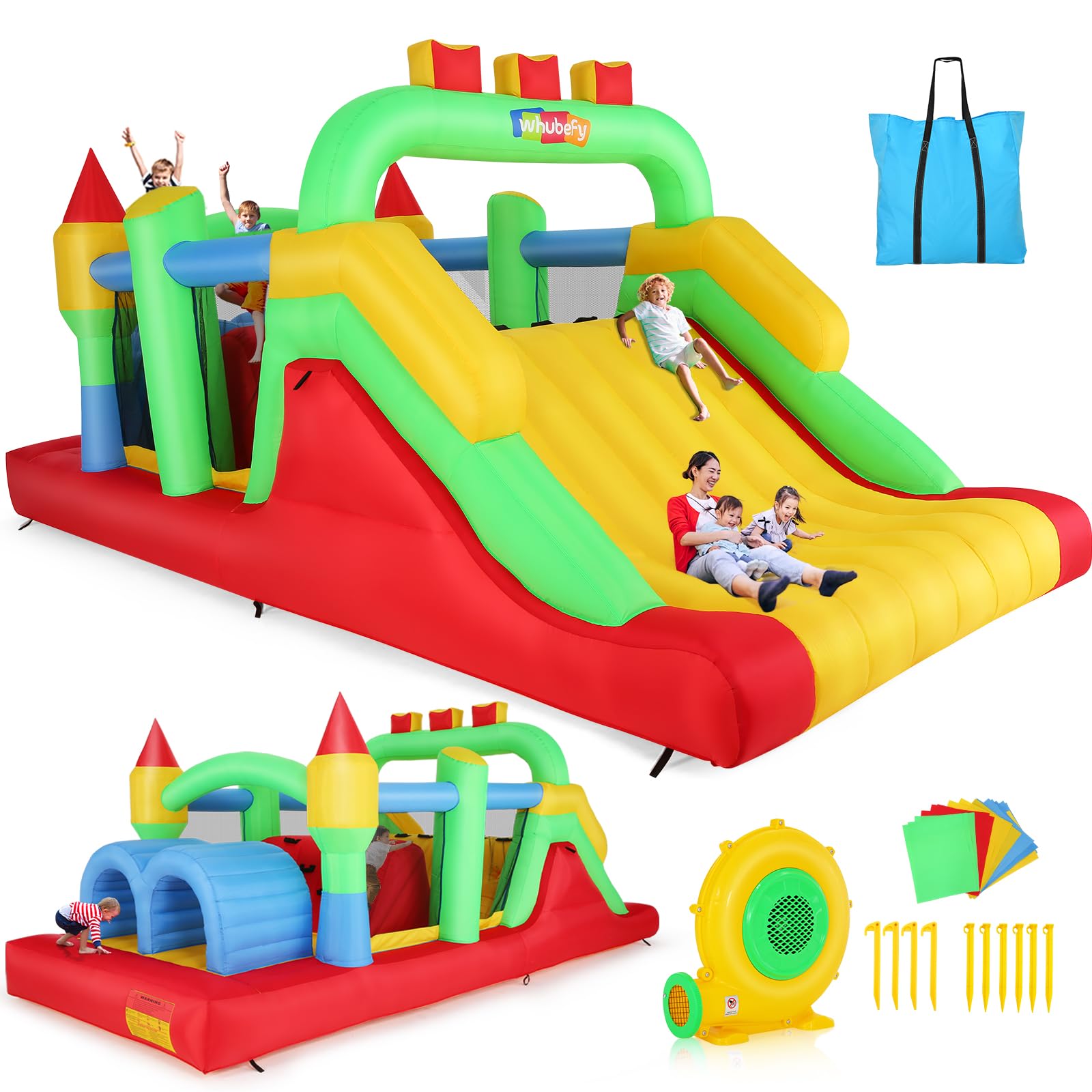 Whubefy Inflatable Obstacle Course Bounce House for Big Kids 8-12, 18.5 x 8FT Large Bounce Castle with Dual Racing Slides, Crawl Tunnels, Climbing