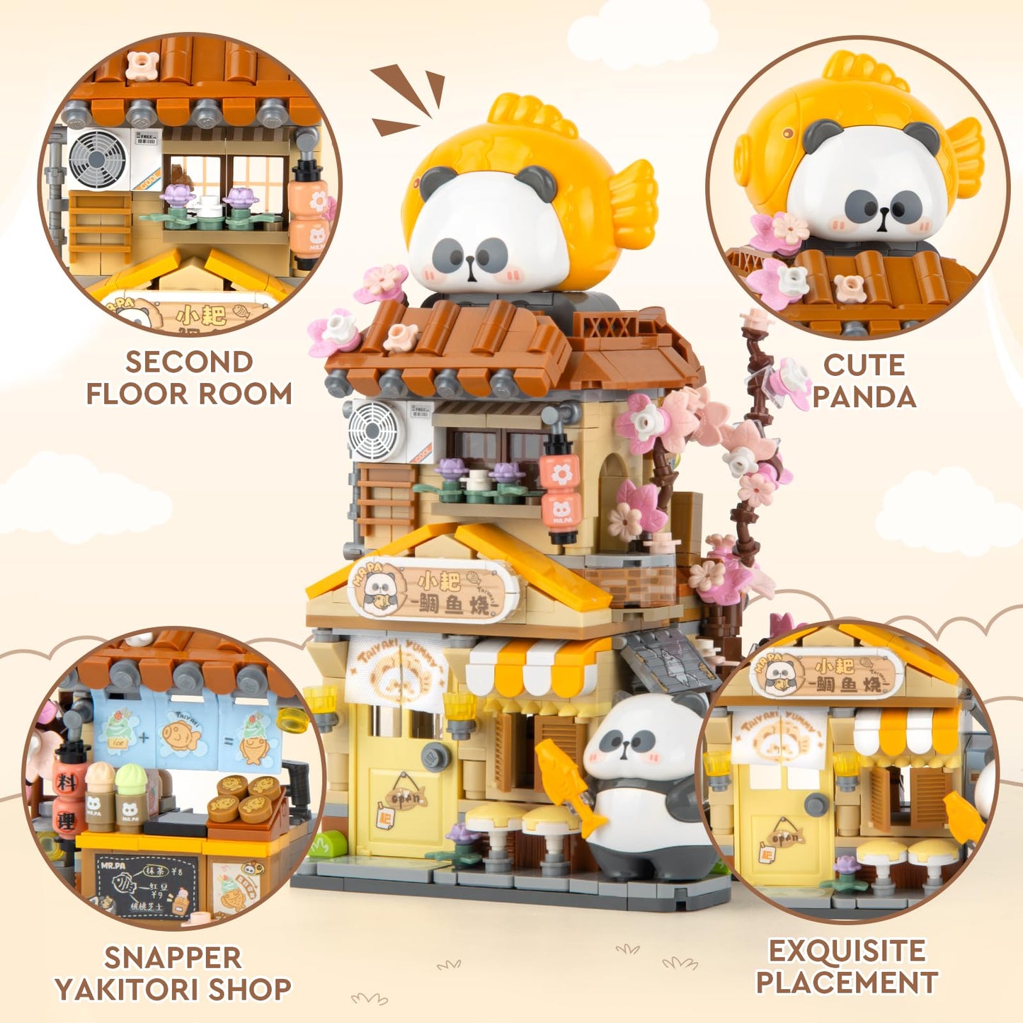Finger Rock Street View Mini City Taiyaki Shop Building Set, Cute Panda Animals Building Toys Creative Architecture Set, Ideas Gifts for Adults Teens