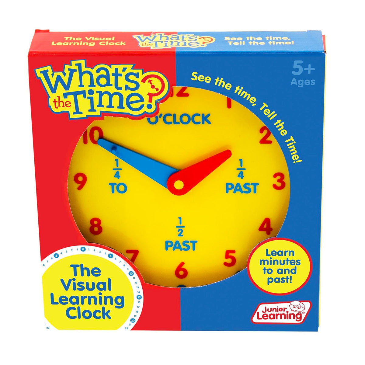 Junior Learning: What's the Time Geared Clock - The Manual Visual Learning Clock, Learn Minutes to & Past, Battery Free, Educational Toy, Kids Ages 5+