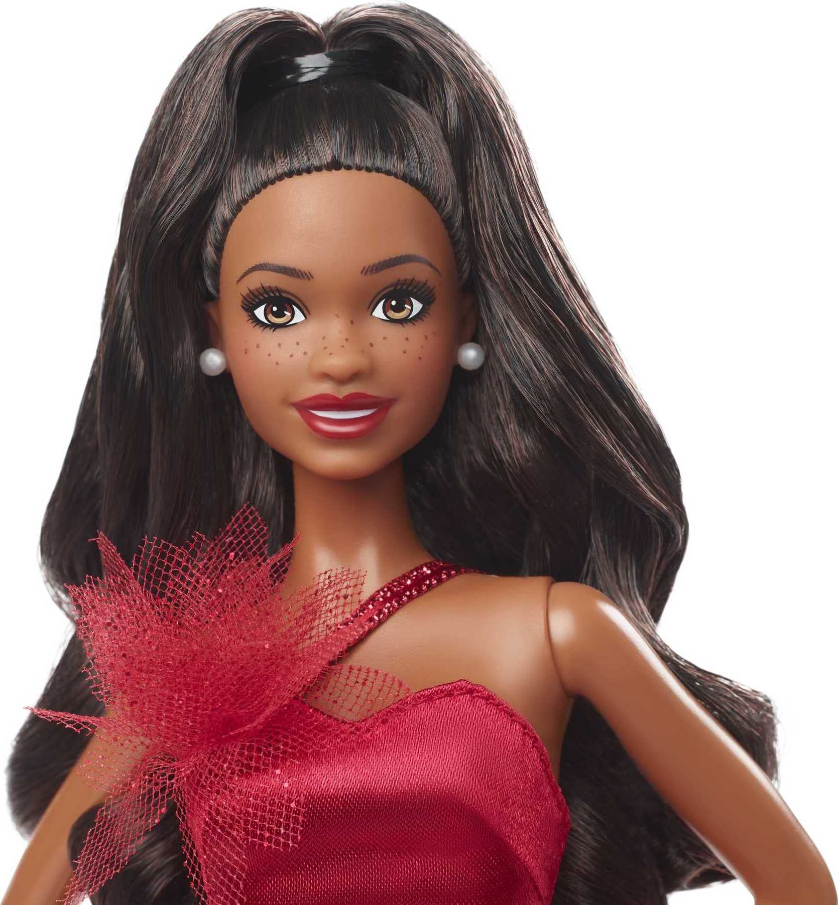 Barbie Signature 2022 Holiday Doll, Dark-Brown Wavy Hair Wearing Red Poinsettia-Inspired Gown, Collectible with Doll Stand & Certificate of