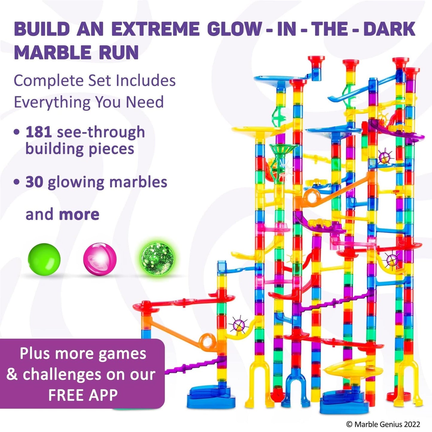 Marble Genius Marble Run Race Track - 300-Piece Multicolor Glow Extreme Set - STEM Building Toy & Marble Race Set for Kids Ages 4+