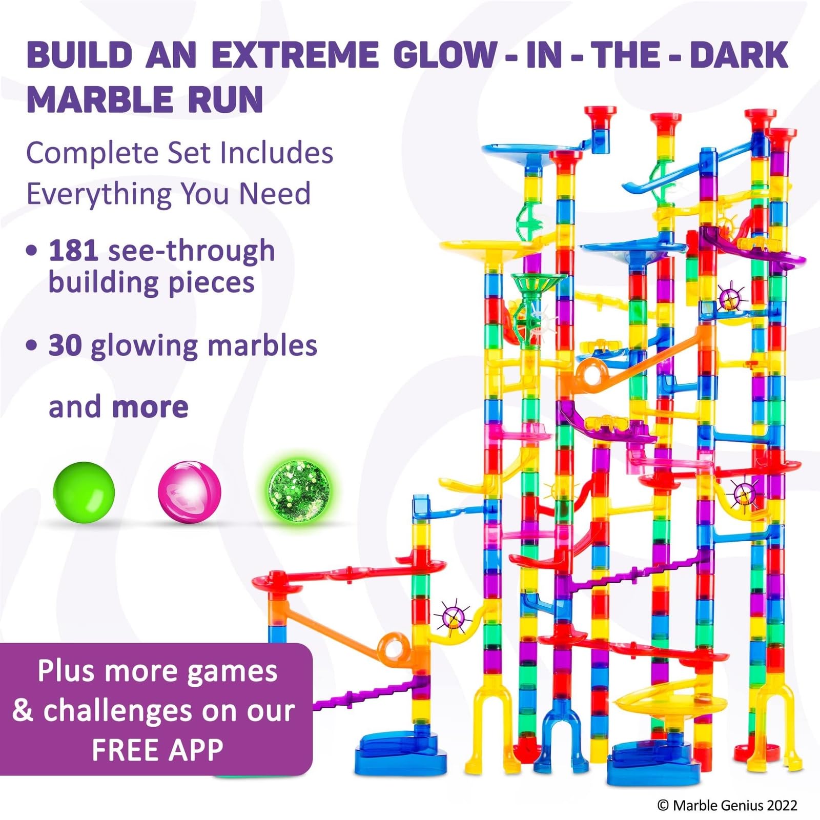 Marble Genius Marble Run Race Track - 300-Piece Multicolor Glow Extreme Set - STEM Building Toy & Marble Race Set for Kids Ages 4+