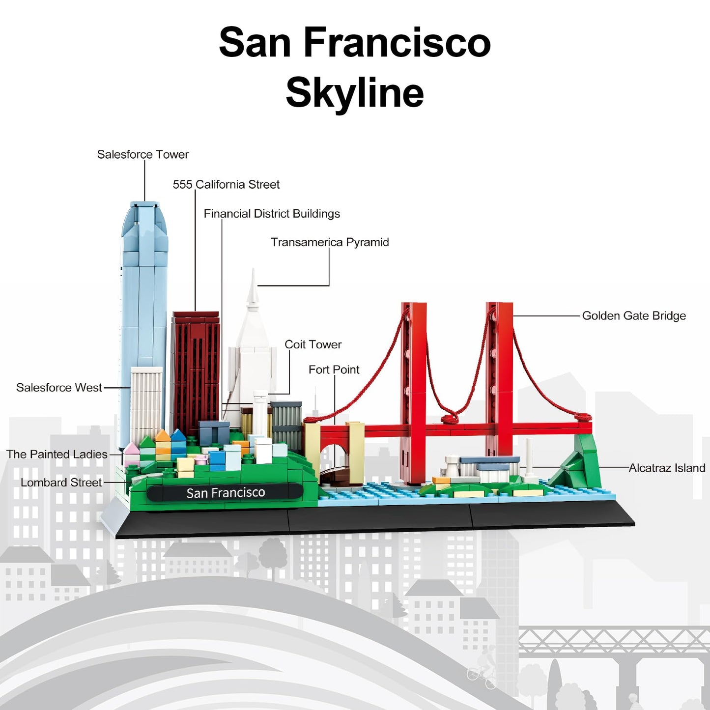 Apostrophe Games San Francisco Skyline Building Block Set (459 Pieces) Features Golden Gate Bridge and More - Architecture Landmark Model for Kids
