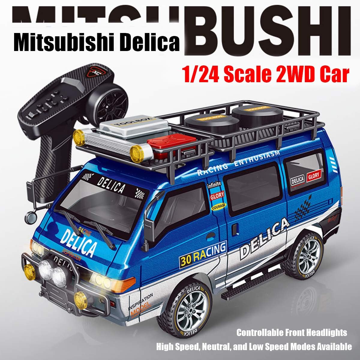 FunXylophy RC Car Van, 1/24 Scale 2.4G 2WD Full-Proportional High-Speed Drift Car with LED Lights and Reverse Function, Three-Speed Adjustable, Hobby