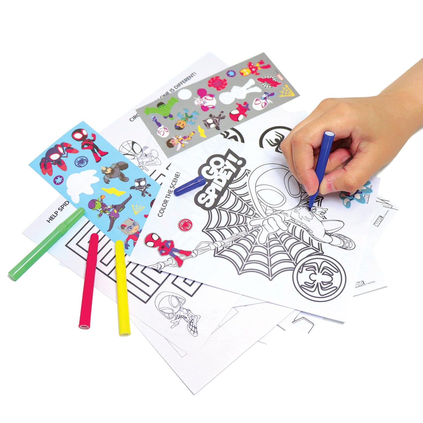 Spidey and His Amazing Friends Stow & Go Activity Kit - 17-Piece Marvel Art Set with Stickers, Crayons, Coloring Pages & Carry Case - Kids Travel Kit