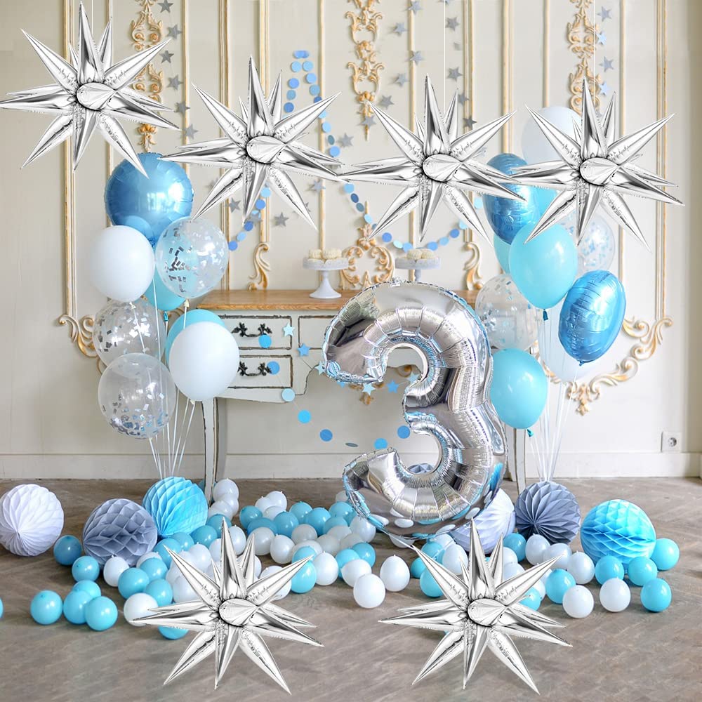 74 PCS Silver Star Balloons, 12 Point Star Foil Mylar Balloons Spike Explosion Cone Balloon for Party Decorations Supplies, Birthday, Wedding, Baby