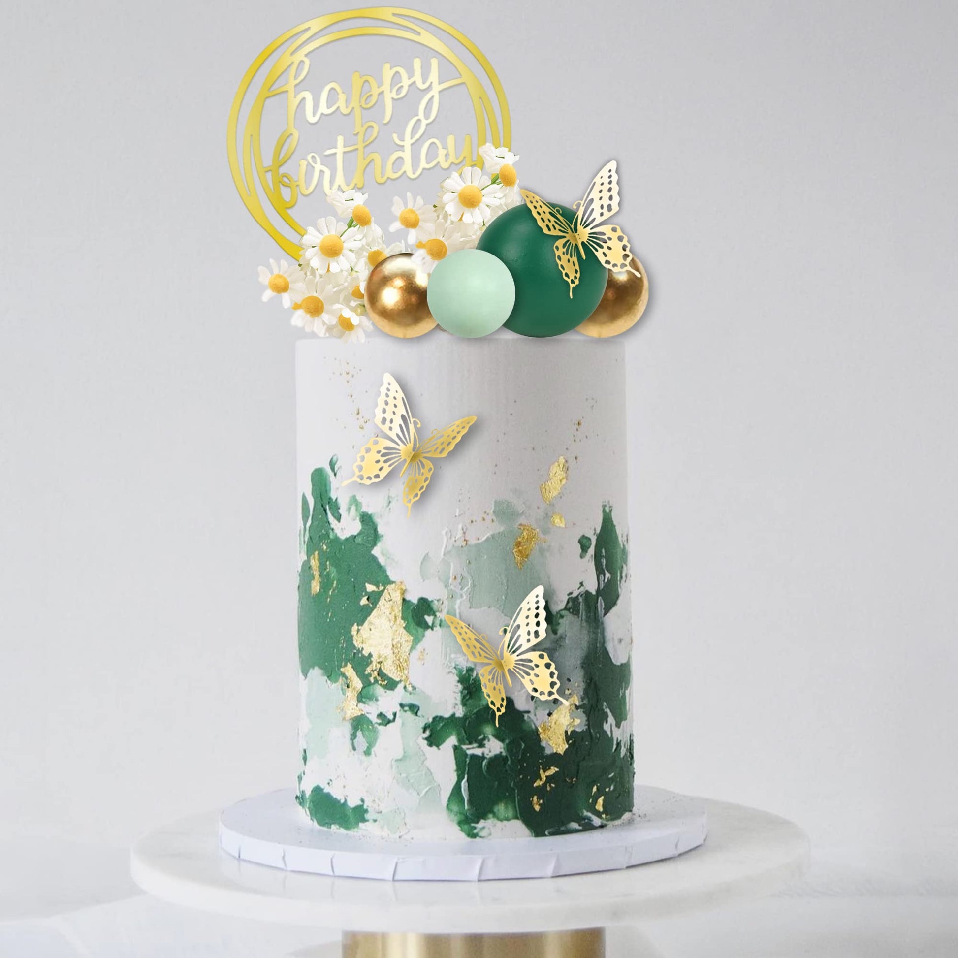 41 PCS Green Balls Cake Topper Butterfly Cake Decorations Happy Birthday Cake Topper for Wedding Flower Themed Birthday Supplies (Green)
