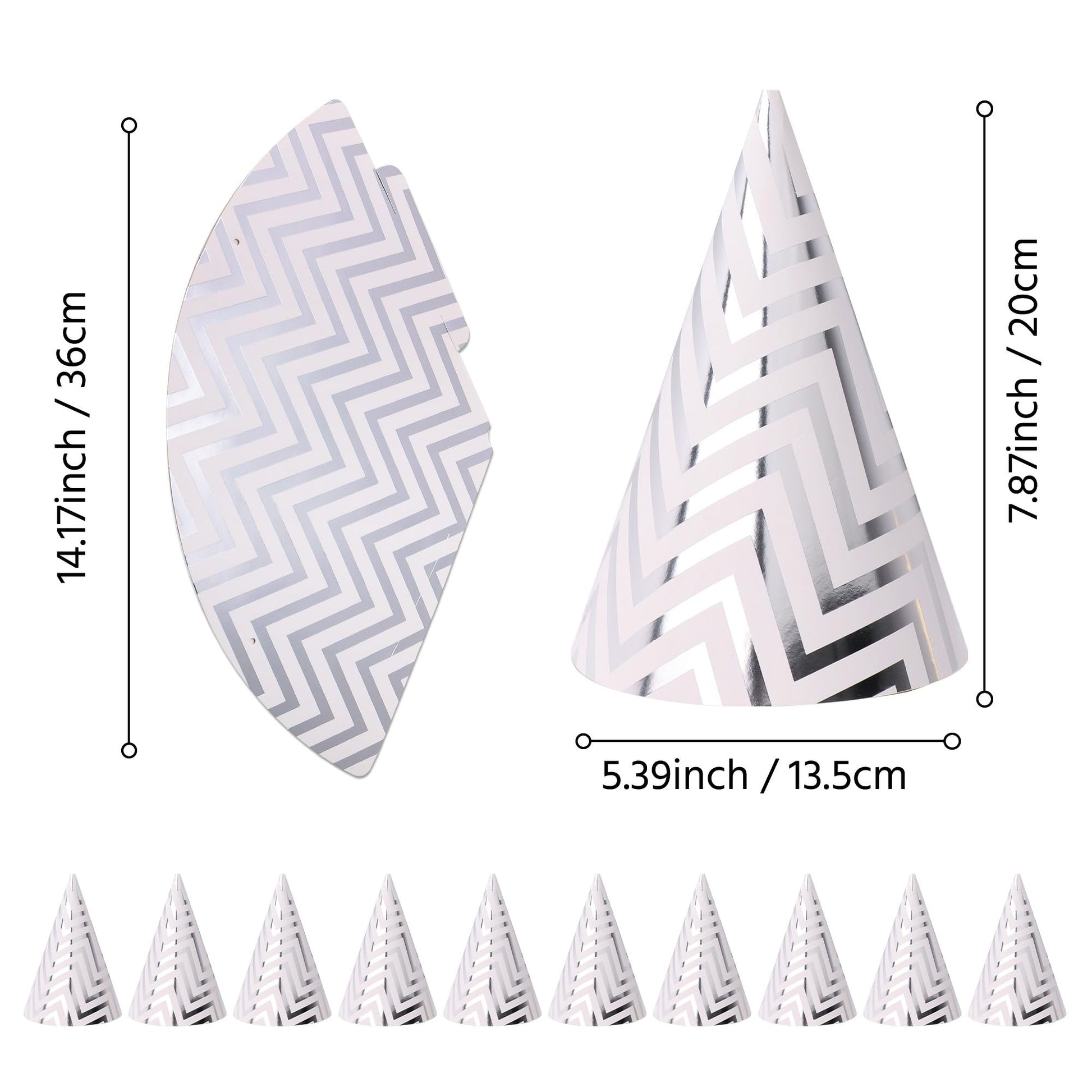 Boieo Silver Party Hats for Adults and Kids 10 Pack, 7.9 Inch Large Birthday Cone Hats Bulk, Metallic Foil Paper Headwear for Men, Women, New Year Eve