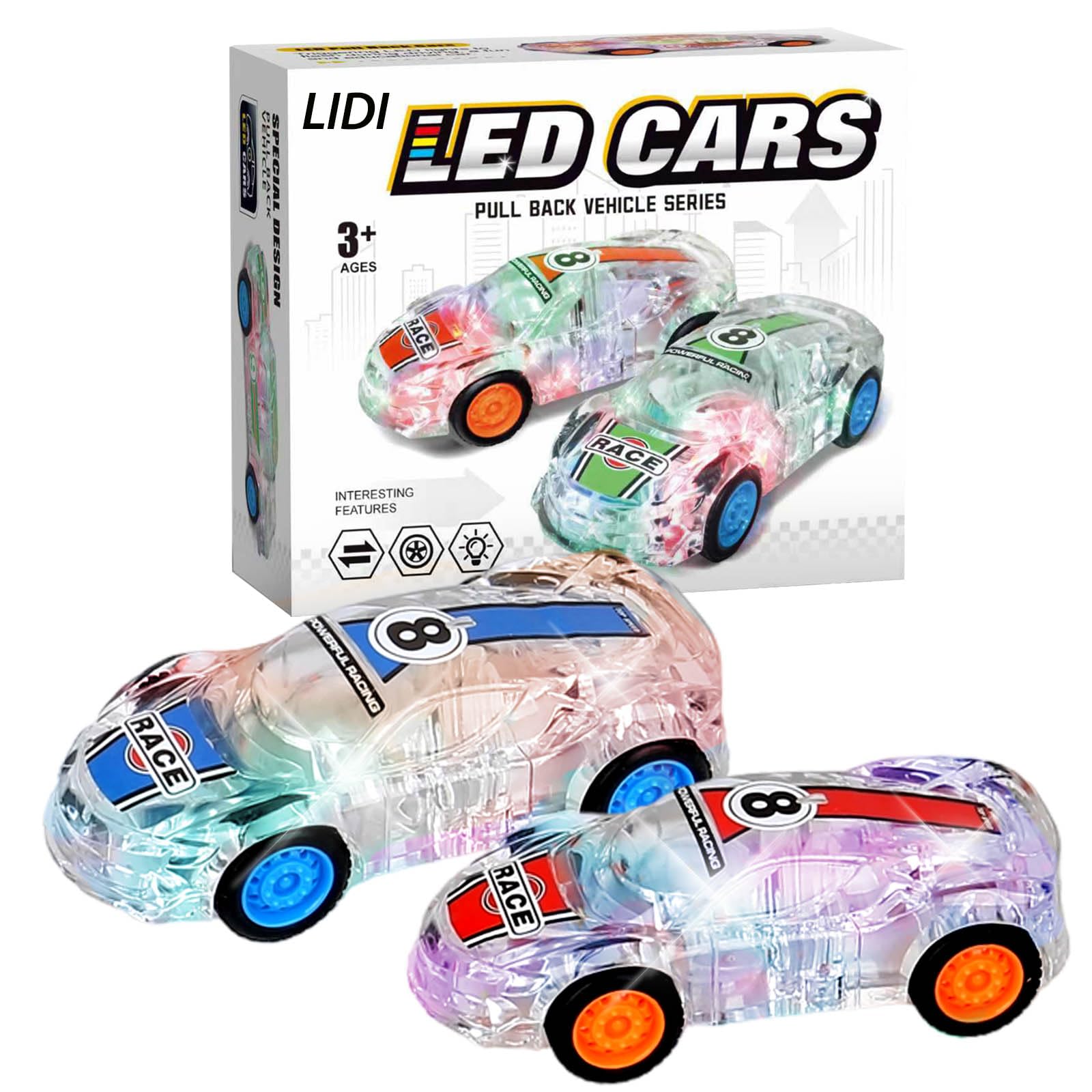 LIDI 2 Pack LED Light up Pull Back Race Cars Toy, Toy Car for Toddlers Boy