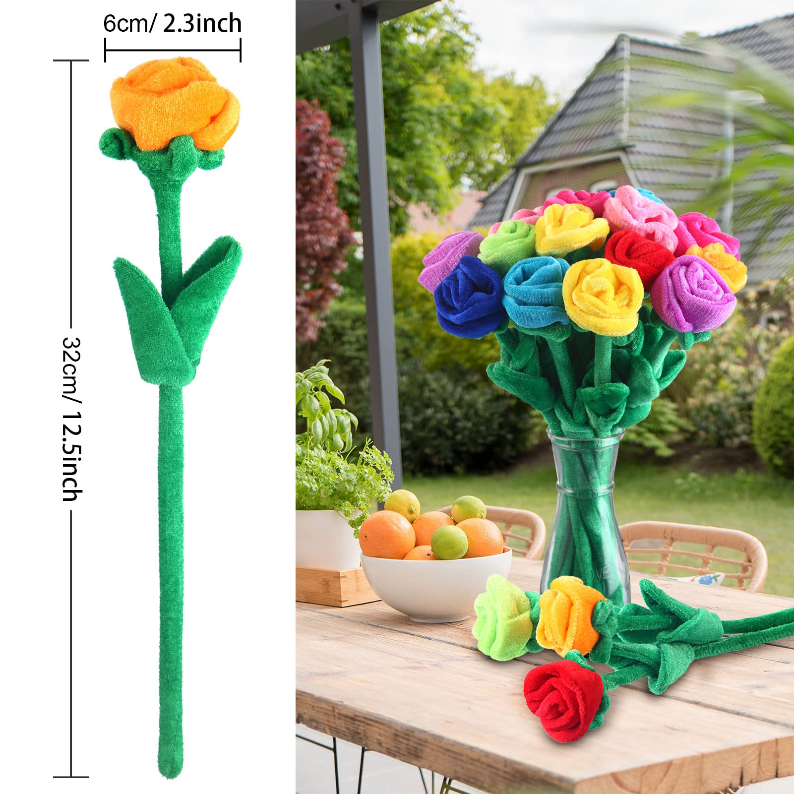 18 Pcs Plush Rose Flower Stuffed Bendable Stems Plush Bouquet Toy Soft Floral 12.6 Inch for Graduation 2026 Mother's Day Valentines Day Girl