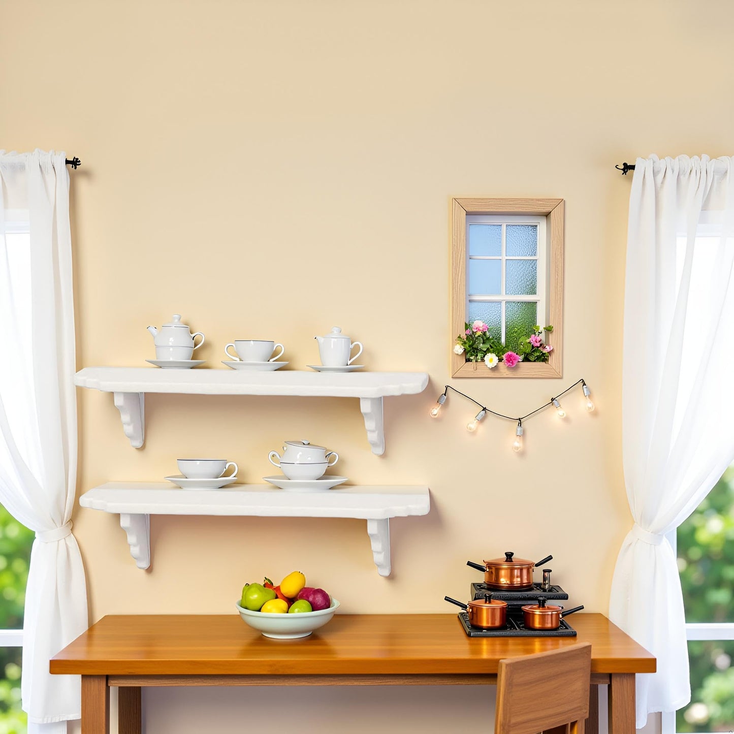 2Pcs White Dollhouse Wall Shelf, 1:12 Scale Miniature Storage Shelf for Kitchen Scene Decor Accessories