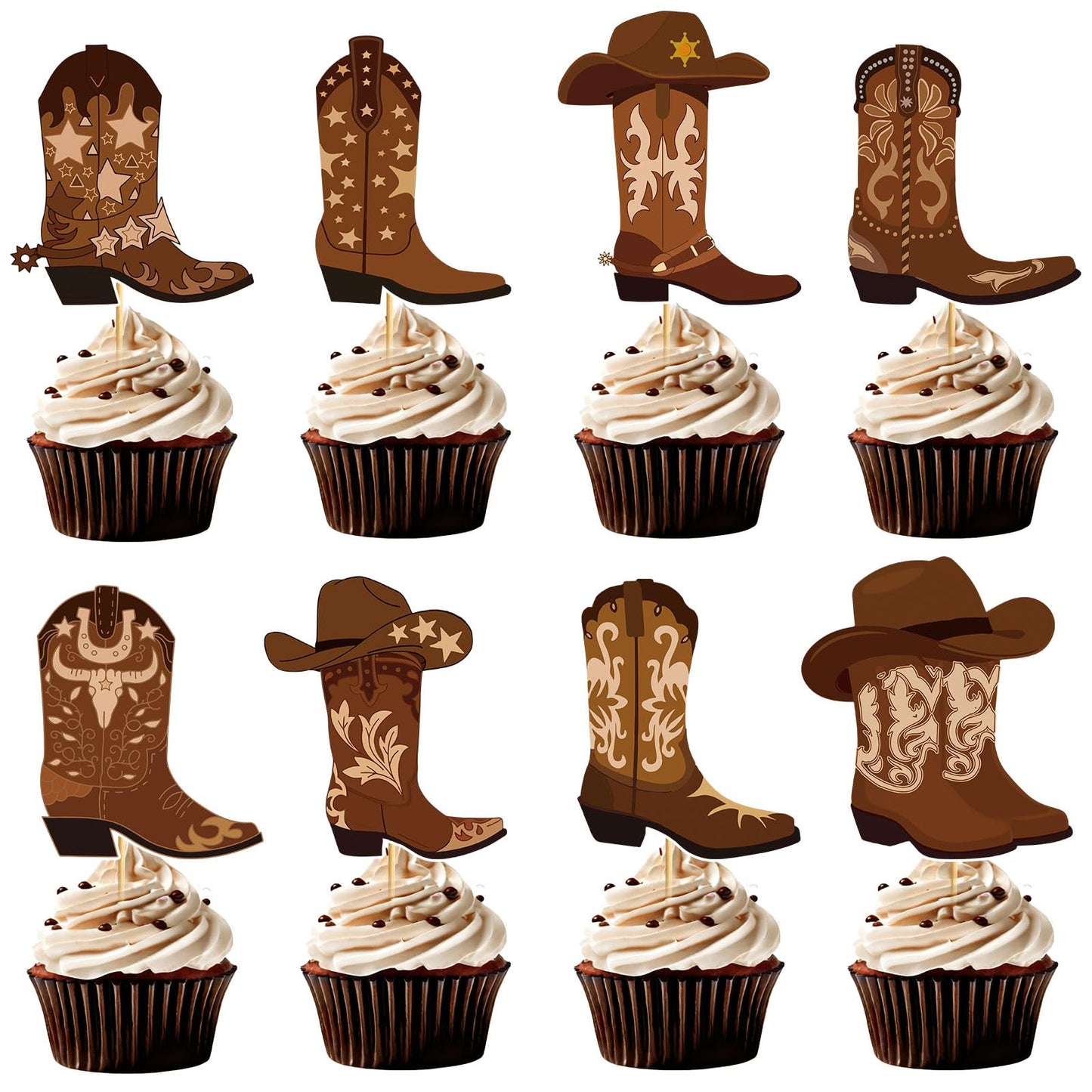 48pcs Cowboy Boots Cupcake Toppers Cowboy Cowgirl Western Rodeo Cupcake Toppers Western Cake Decorations for Rodeo Birthday Party Decorations Cowgirl