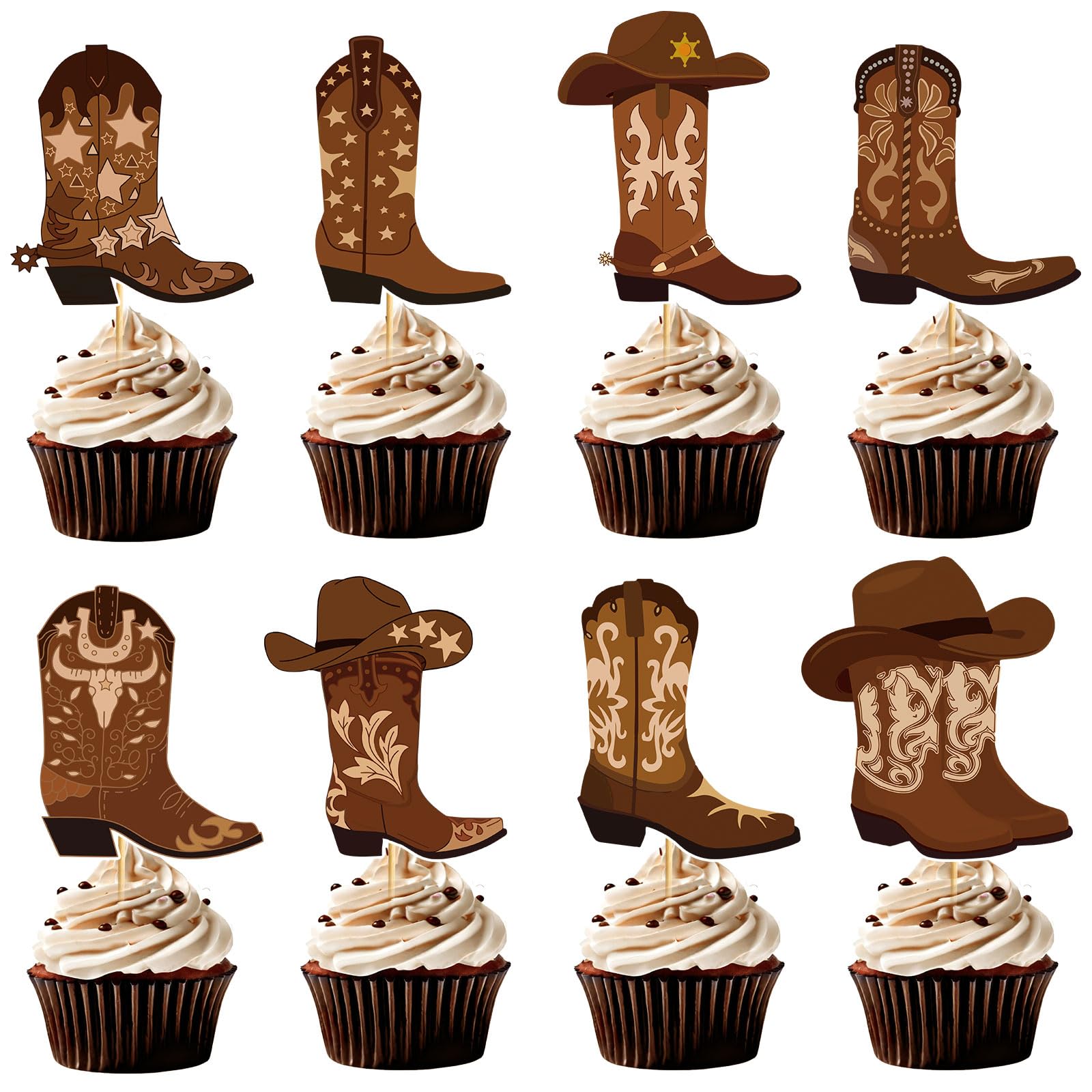 48pcs Cowboy Boots Cupcake Toppers Cowboy Cowgirl Western Rodeo Cupcake Toppers Western Cake Decorations for Rodeo Birthday Party Decorations Cowgirl