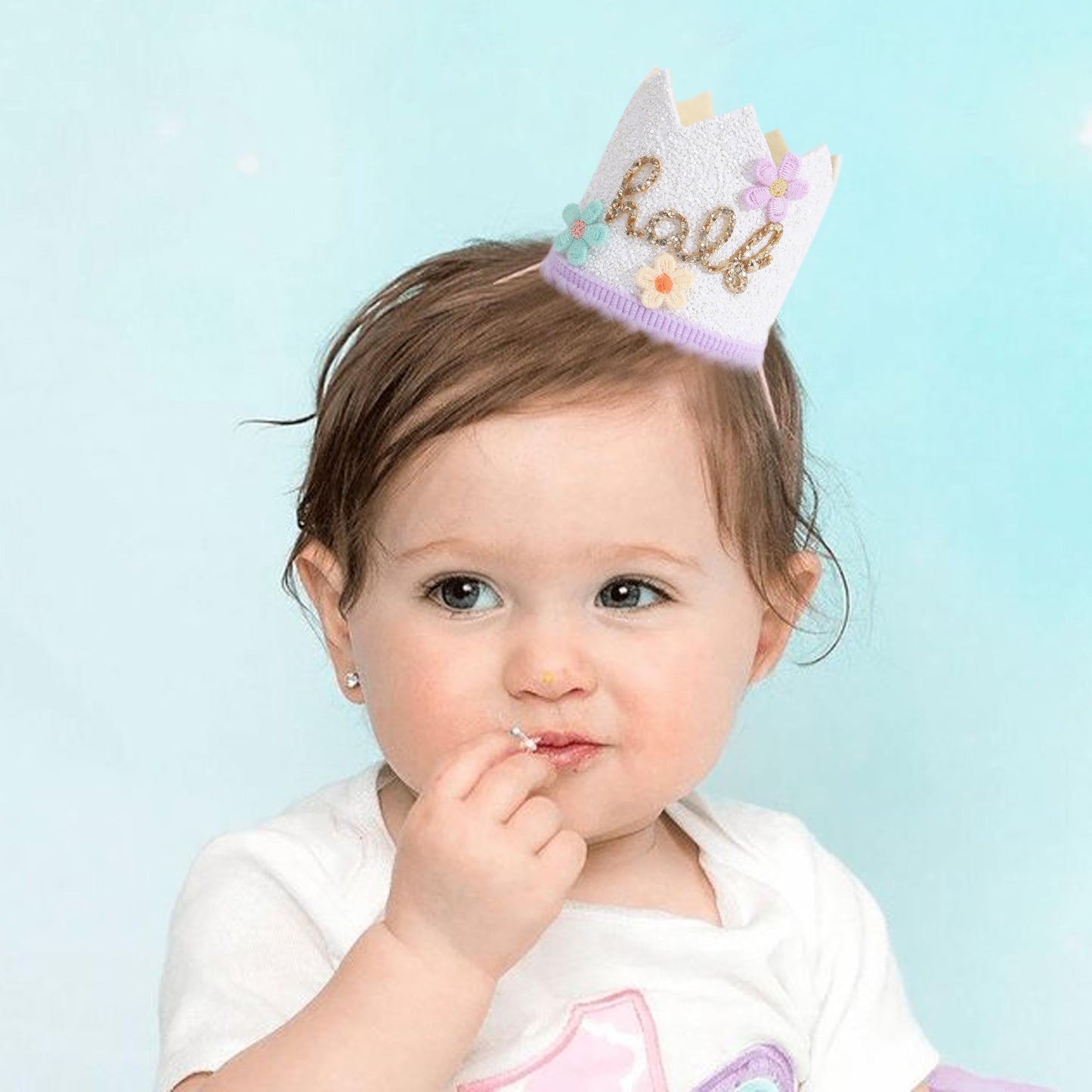 YOUAME Daisy Floral Half Birthday Hat - Flower Cake Smash Crown for 6 Month Baby, Half Way To One Party Crown, Sweet Mini Photo Prop